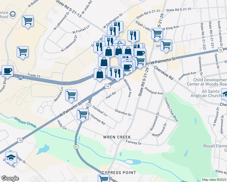 map of restaurants, bars, coffee shops, grocery stores, and more near 2109 Hart Road in Florence