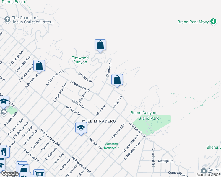 map of restaurants, bars, coffee shops, grocery stores, and more near 1645 Allen Avenue in Glendale