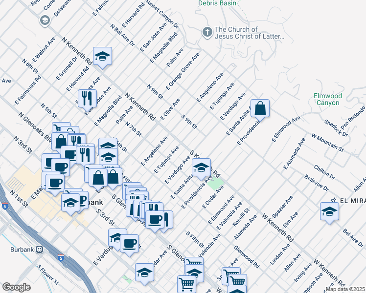 map of restaurants, bars, coffee shops, grocery stores, and more near 300 South Kenneth Road in Burbank