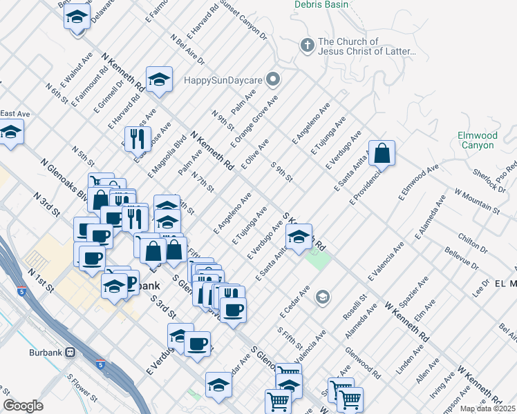 map of restaurants, bars, coffee shops, grocery stores, and more near 726 East Angeleno Avenue in Burbank