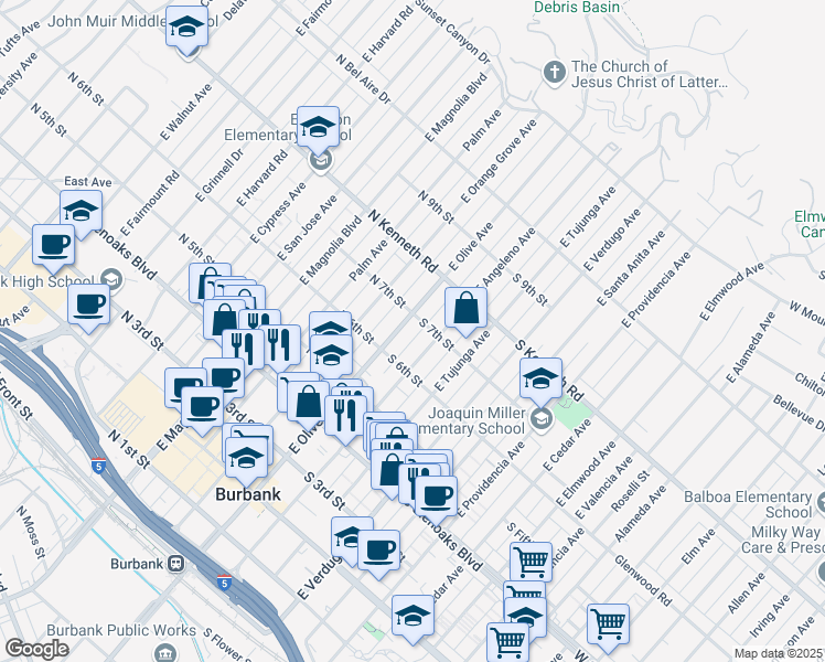 map of restaurants, bars, coffee shops, grocery stores, and more near 702 East Olive Avenue in Burbank