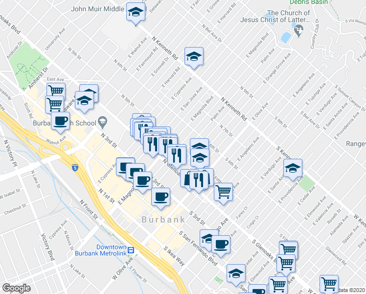 map of restaurants, bars, coffee shops, grocery stores, and more near 545 Palm Avenue in Burbank