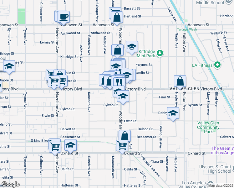 map of restaurants, bars, coffee shops, grocery stores, and more near 13736 Victory Boulevard in Los Angeles
