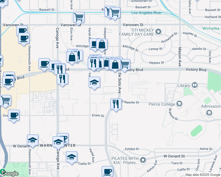 map of restaurants, bars, coffee shops, grocery stores, and more near 6410 Independence Avenue in Los Angeles