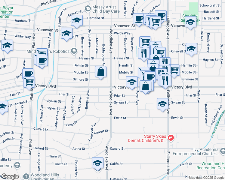 map of restaurants, bars, coffee shops, grocery stores, and more near 23140 Victory Boulevard in Los Angeles