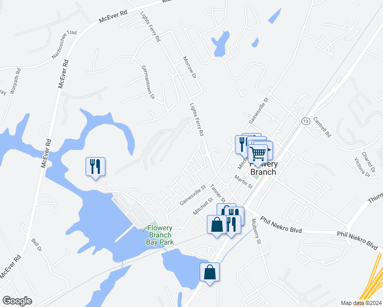map of restaurants, bars, coffee shops, grocery stores, and more near 5910 Watersdown Way in Flowery Branch
