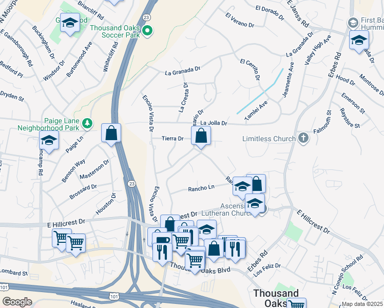 map of restaurants, bars, coffee shops, grocery stores, and more near 634 Rosario Drive in Thousand Oaks