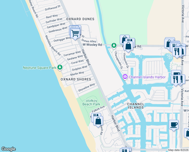 map of restaurants, bars, coffee shops, grocery stores, and more near 3662 Island View Street in Oxnard