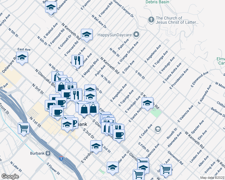 map of restaurants, bars, coffee shops, grocery stores, and more near 630 East Olive Avenue in Burbank