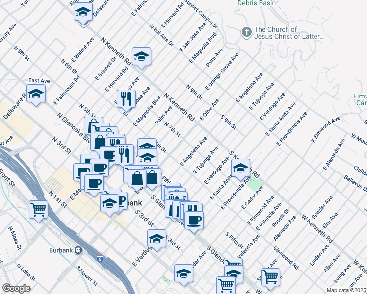 map of restaurants, bars, coffee shops, grocery stores, and more near 630 East Olive Avenue in Burbank