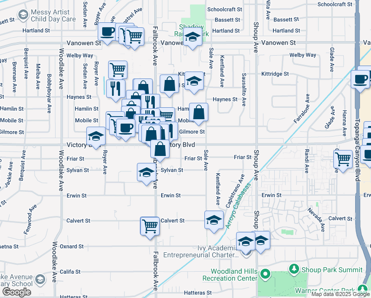 map of restaurants, bars, coffee shops, grocery stores, and more near 22650 Victory Boulevard in Los Angeles