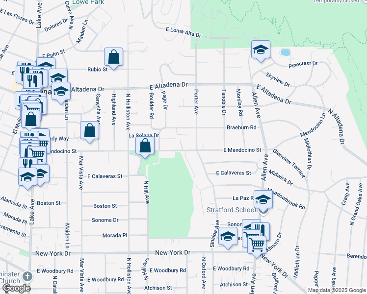 map of restaurants, bars, coffee shops, grocery stores, and more near 1520 Carroll Drive in Altadena