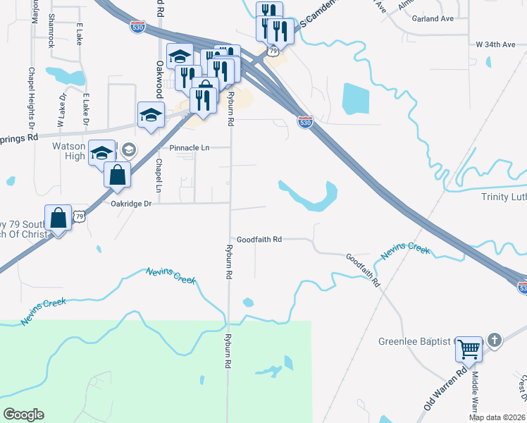 map of restaurants, bars, coffee shops, grocery stores, and more near 4205 Ryburn Road in Pine Bluff