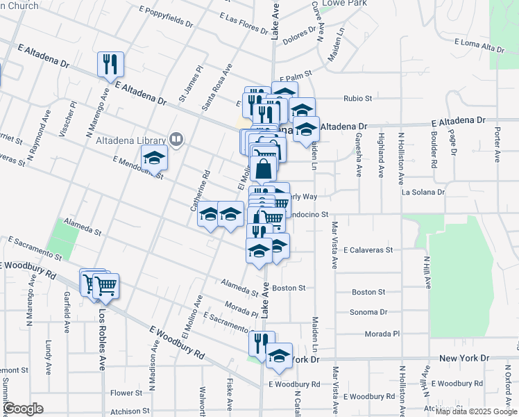map of restaurants, bars, coffee shops, grocery stores, and more near 847 East Mendocino Street in Altadena