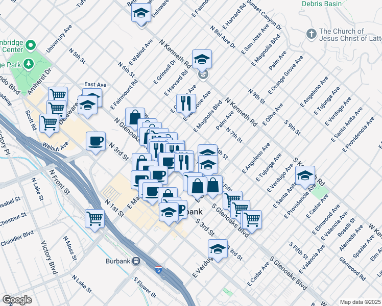 map of restaurants, bars, coffee shops, grocery stores, and more near 545 Palm Avenue in Burbank
