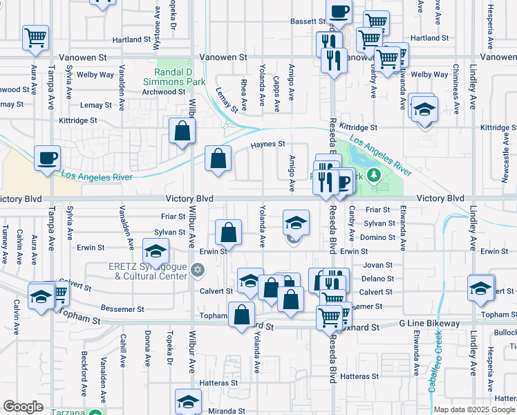 map of restaurants, bars, coffee shops, grocery stores, and more near 6355 Yolanda Avenue in Los Angeles