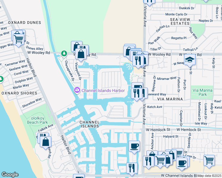 map of restaurants, bars, coffee shops, grocery stores, and more near 4104 Baltic Street in Oxnard