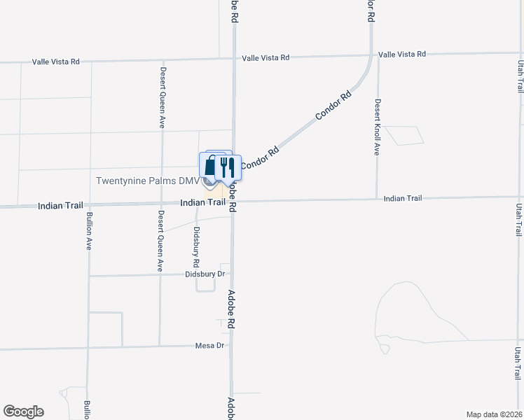 map of restaurants, bars, coffee shops, grocery stores, and more near 73781 Indian Trail in Twentynine Palms