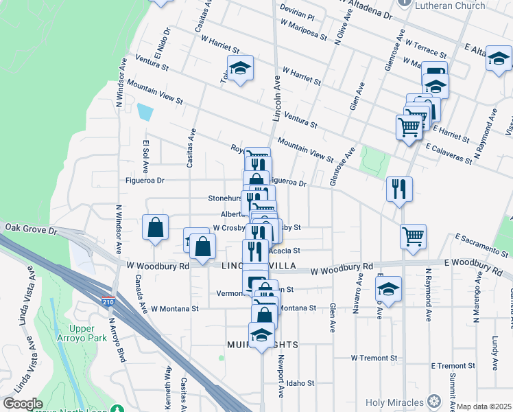 map of restaurants, bars, coffee shops, grocery stores, and more near 2400 North Lincoln Avenue in Altadena