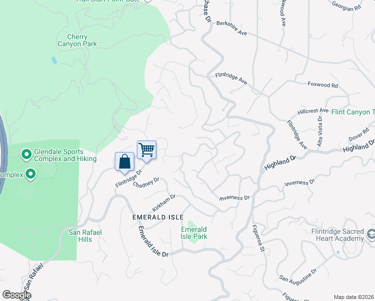map of restaurants, bars, coffee shops, grocery stores, and more near 3845 Hampstead Road in La Cañada Flintridge
