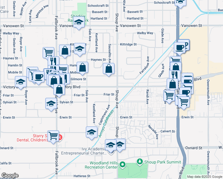 map of restaurants, bars, coffee shops, grocery stores, and more near 22416 Victory Boulevard in Los Angeles