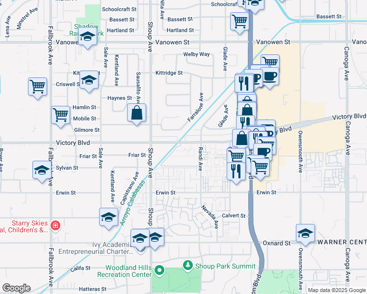 map of restaurants, bars, coffee shops, grocery stores, and more near 22228 Victory Boulevard in Los Angeles
