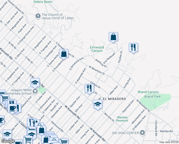 map of restaurants, bars, coffee shops, grocery stores, and more near 2065 Watson Street in Glendale