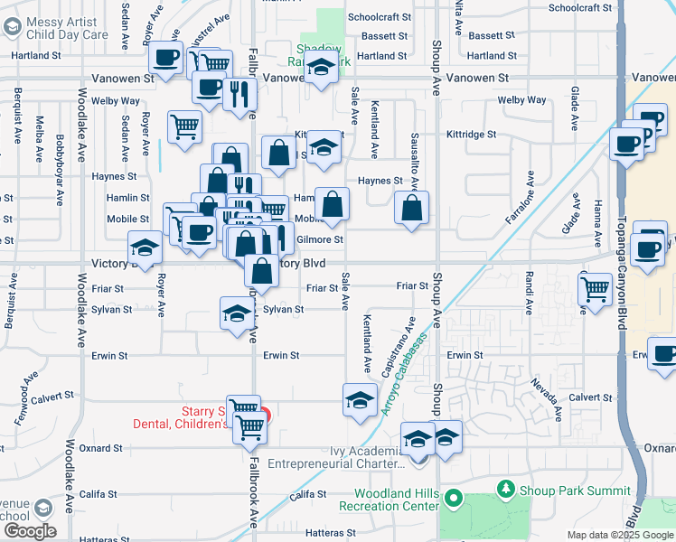 map of restaurants, bars, coffee shops, grocery stores, and more near 22608 Victory Boulevard in Los Angeles