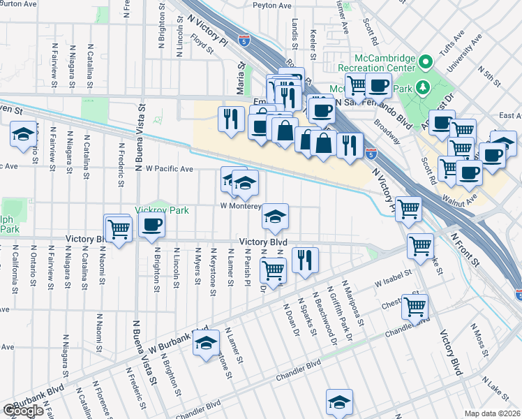 map of restaurants, bars, coffee shops, grocery stores, and more near 1245 North Orchard Drive in Burbank
