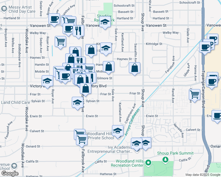 map of restaurants, bars, coffee shops, grocery stores, and more near 22608 Victory Boulevard in Los Angeles
