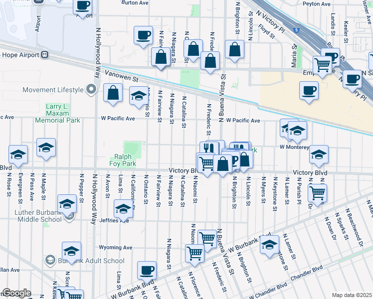 map of restaurants, bars, coffee shops, grocery stores, and more near 1642 North Catalina Street in Burbank