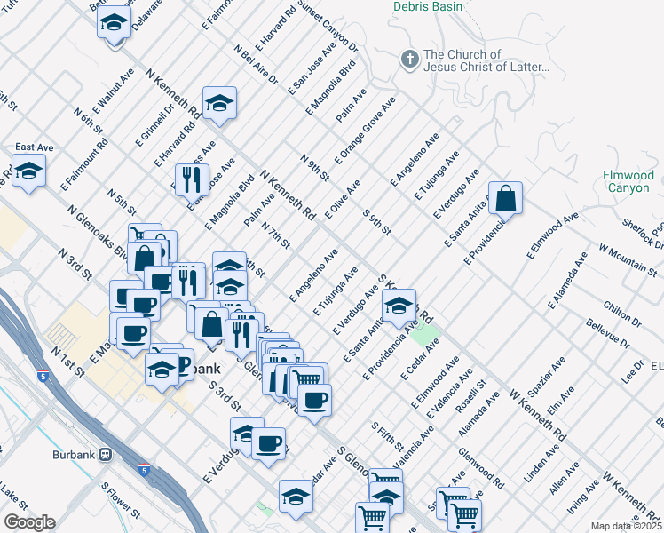 map of restaurants, bars, coffee shops, grocery stores, and more near 714 East Angeleno Avenue in Burbank