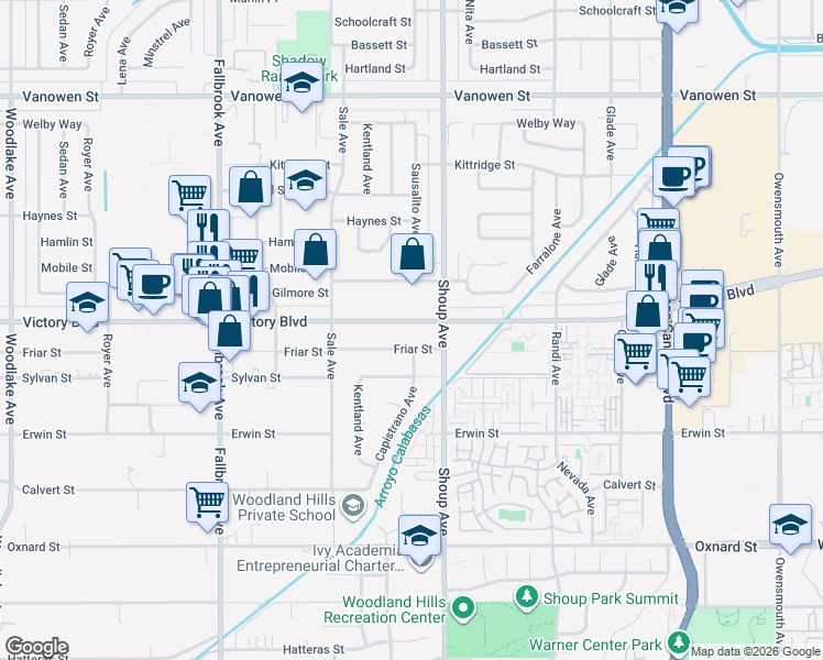 map of restaurants, bars, coffee shops, grocery stores, and more near 22416 Victory Boulevard in Los Angeles