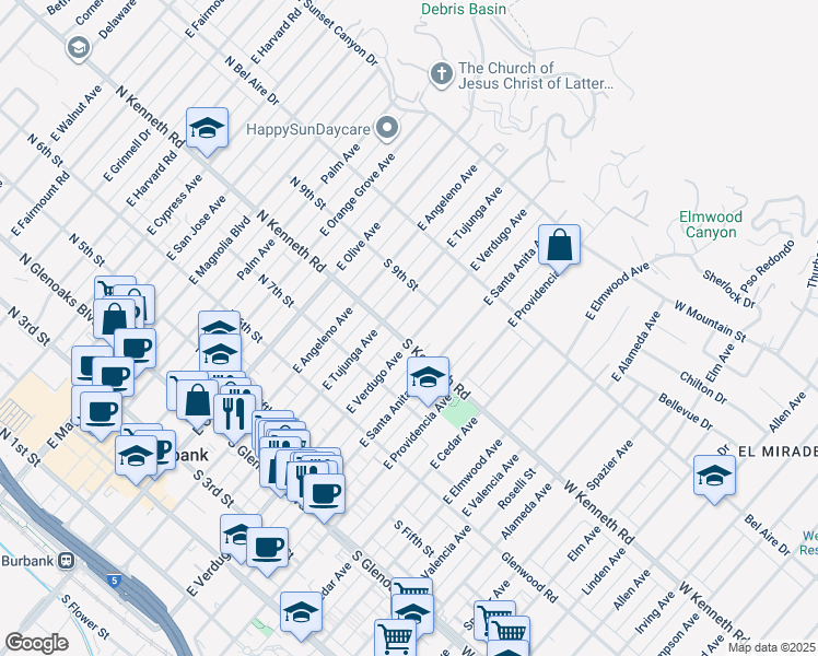 map of restaurants, bars, coffee shops, grocery stores, and more near 300 South Kenneth Road in Burbank