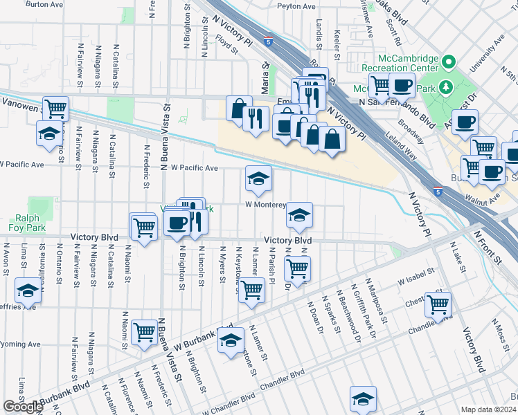 map of restaurants, bars, coffee shops, grocery stores, and more near 1244 North Lamer Street in Burbank