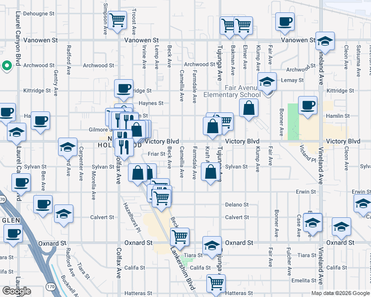 map of restaurants, bars, coffee shops, grocery stores, and more near 6344 Camellia Avenue in Los Angeles