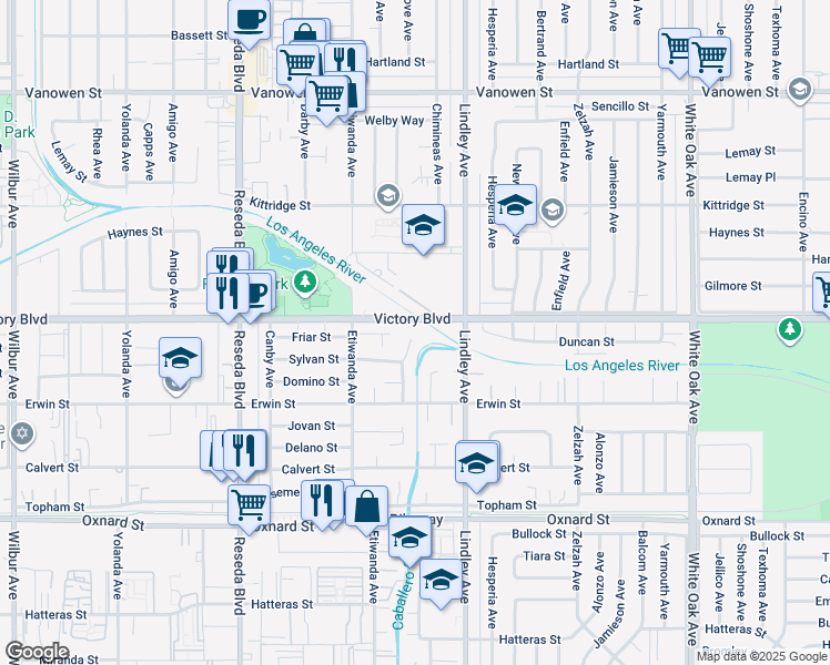 map of restaurants, bars, coffee shops, grocery stores, and more near 18219 Friar Street in Los Angeles