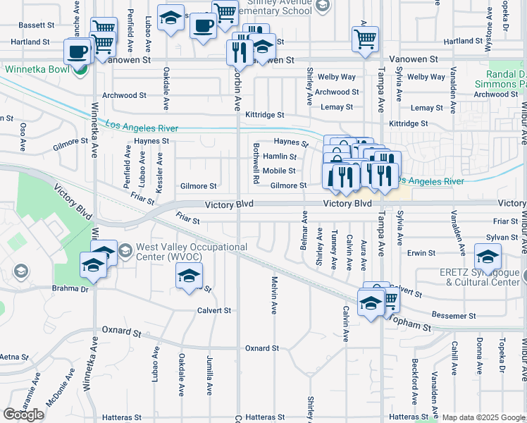 map of restaurants, bars, coffee shops, grocery stores, and more near 19618 Victory Boulevard in Los Angeles
