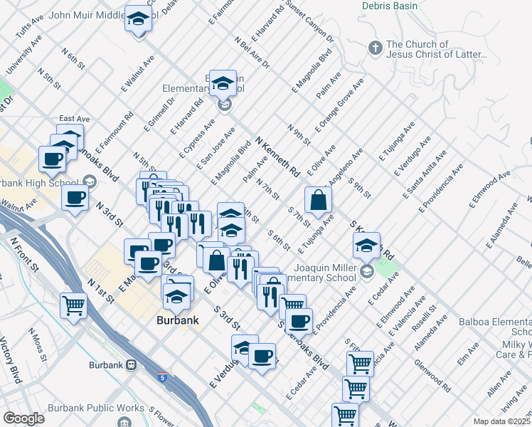 map of restaurants, bars, coffee shops, grocery stores, and more near 615 East Olive Avenue in Burbank
