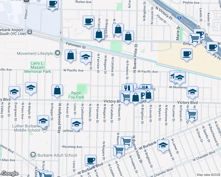 map of restaurants, bars, coffee shops, grocery stores, and more near 1744 North Niagara Street in Burbank