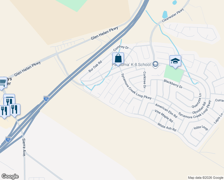 map of restaurants, bars, coffee shops, grocery stores, and more near 17985 Crabapple Court in San Bernardino