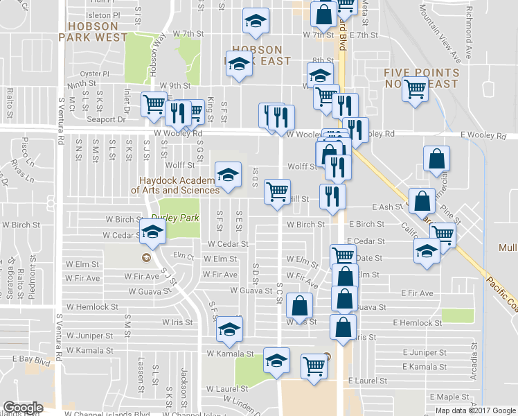 map of restaurants, bars, coffee shops, grocery stores, and more near 450 Hill Street in Oxnard