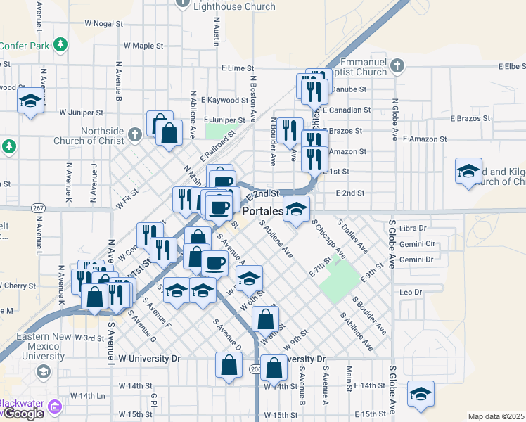 map of restaurants, bars, coffee shops, grocery stores, and more near in Portales