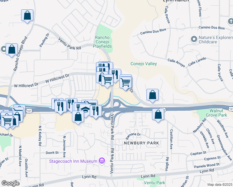 map of restaurants, bars, coffee shops, grocery stores, and more near 500 North Ventu Park Road in Thousand Oaks