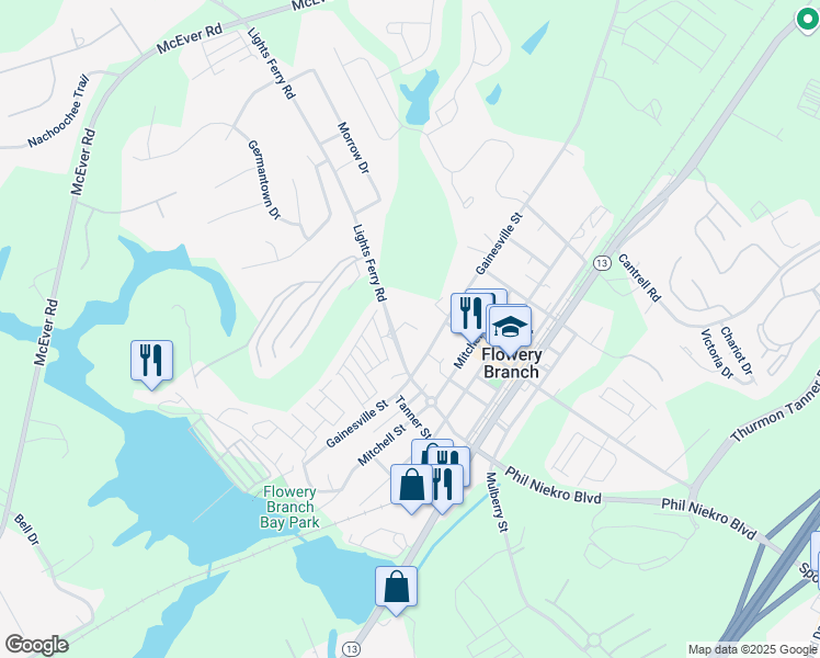 map of restaurants, bars, coffee shops, grocery stores, and more near 5816 Gainesville Street in Flowery Branch