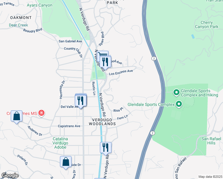 map of restaurants, bars, coffee shops, grocery stores, and more near Emburns Drive in Glendale