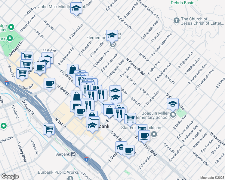 map of restaurants, bars, coffee shops, grocery stores, and more near 545 Palm Avenue in Burbank