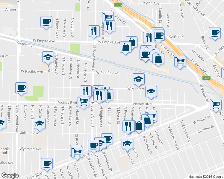map of restaurants, bars, coffee shops, grocery stores, and more near 2207 West Monterey Avenue in Burbank