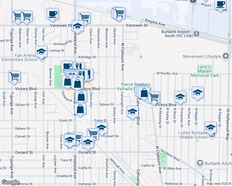 map of restaurants, bars, coffee shops, grocery stores, and more near 6353 Denny Avenue in Los Angeles