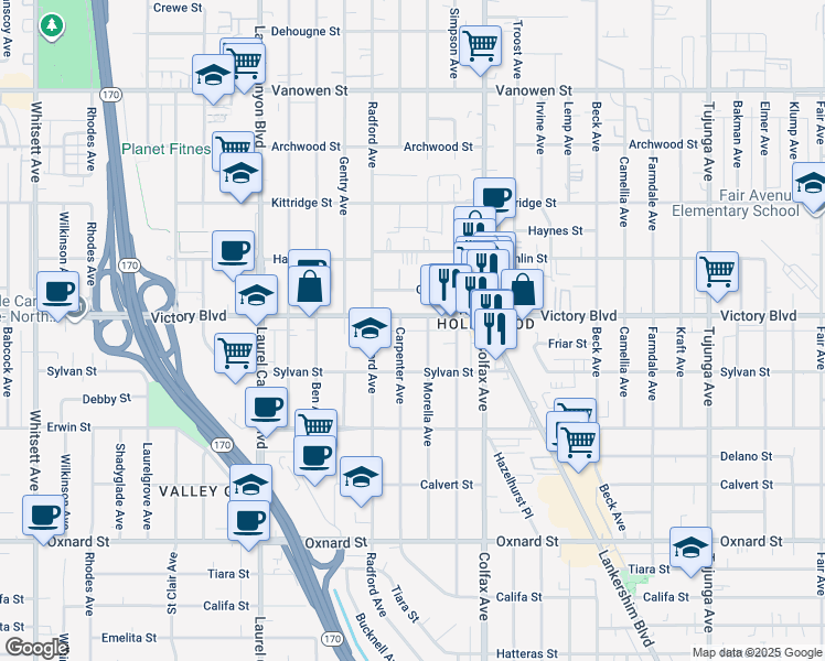 map of restaurants, bars, coffee shops, grocery stores, and more near 11816 Victory Boulevard in Los Angeles